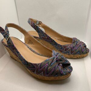 Nine West Cork Wedges Shoes Fabric Slingback Peep Toe Multicolor Size 8.5M
